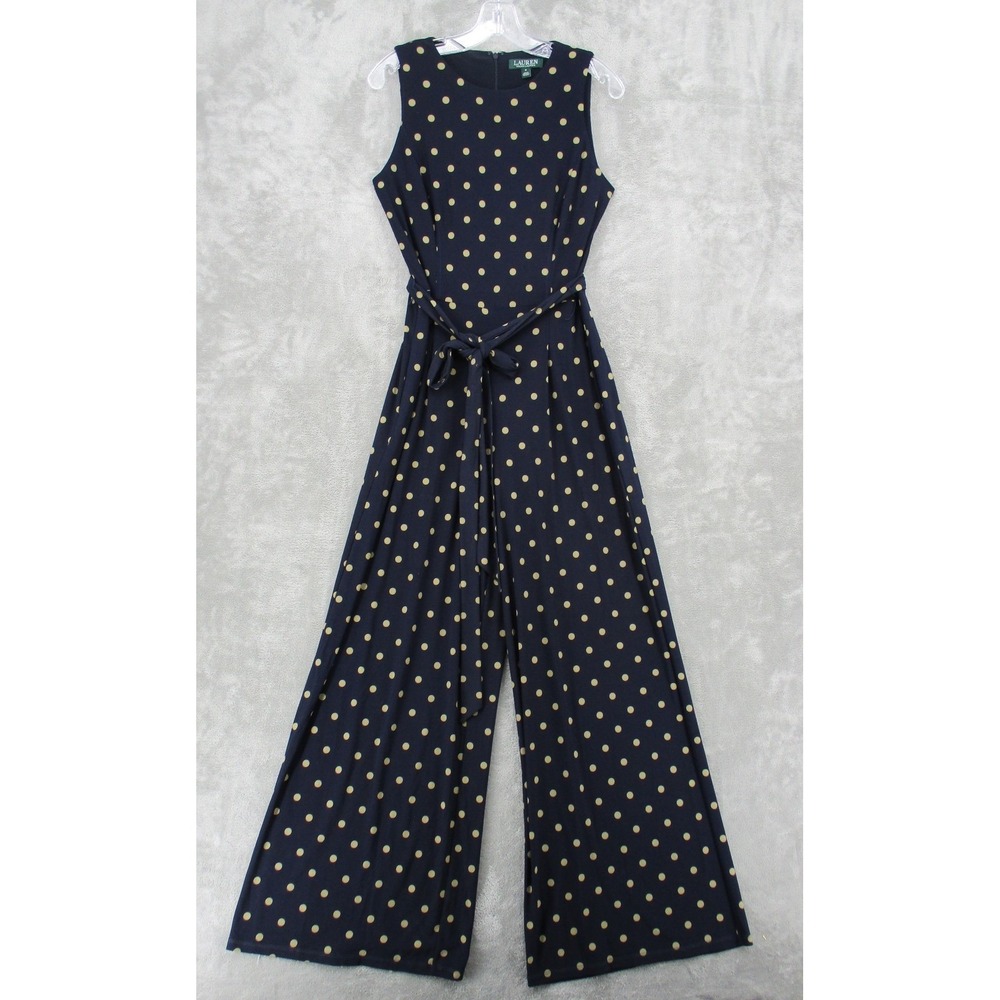 Ralph Lauren LRL Jumpsuit Womens 8 Polka Dot Retro Wide Leg‎ Stretch Knit Belted